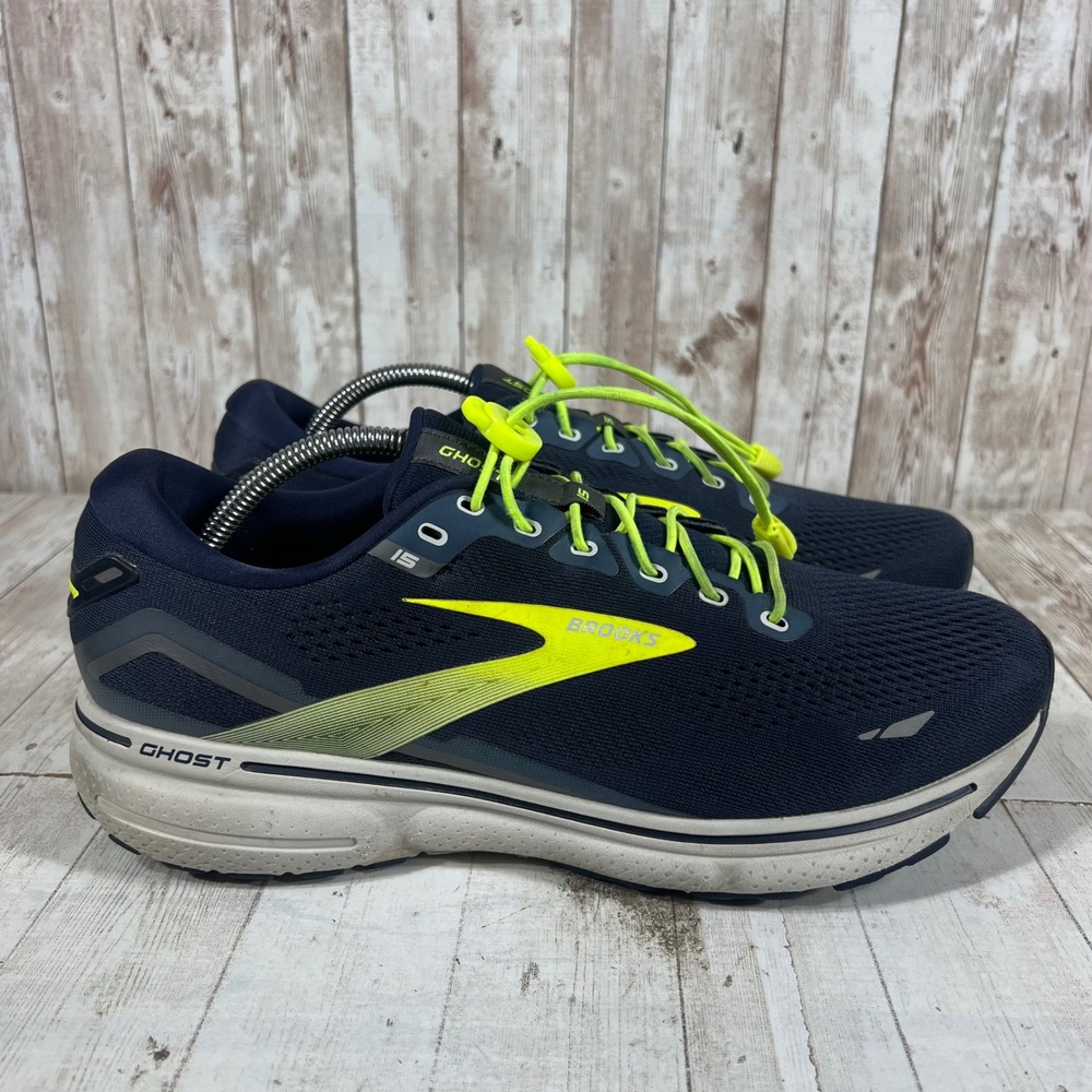 Brooks Ghost 15 Mens 11 Wide 2E Navy Lime Green Running Shoes 1103932E429